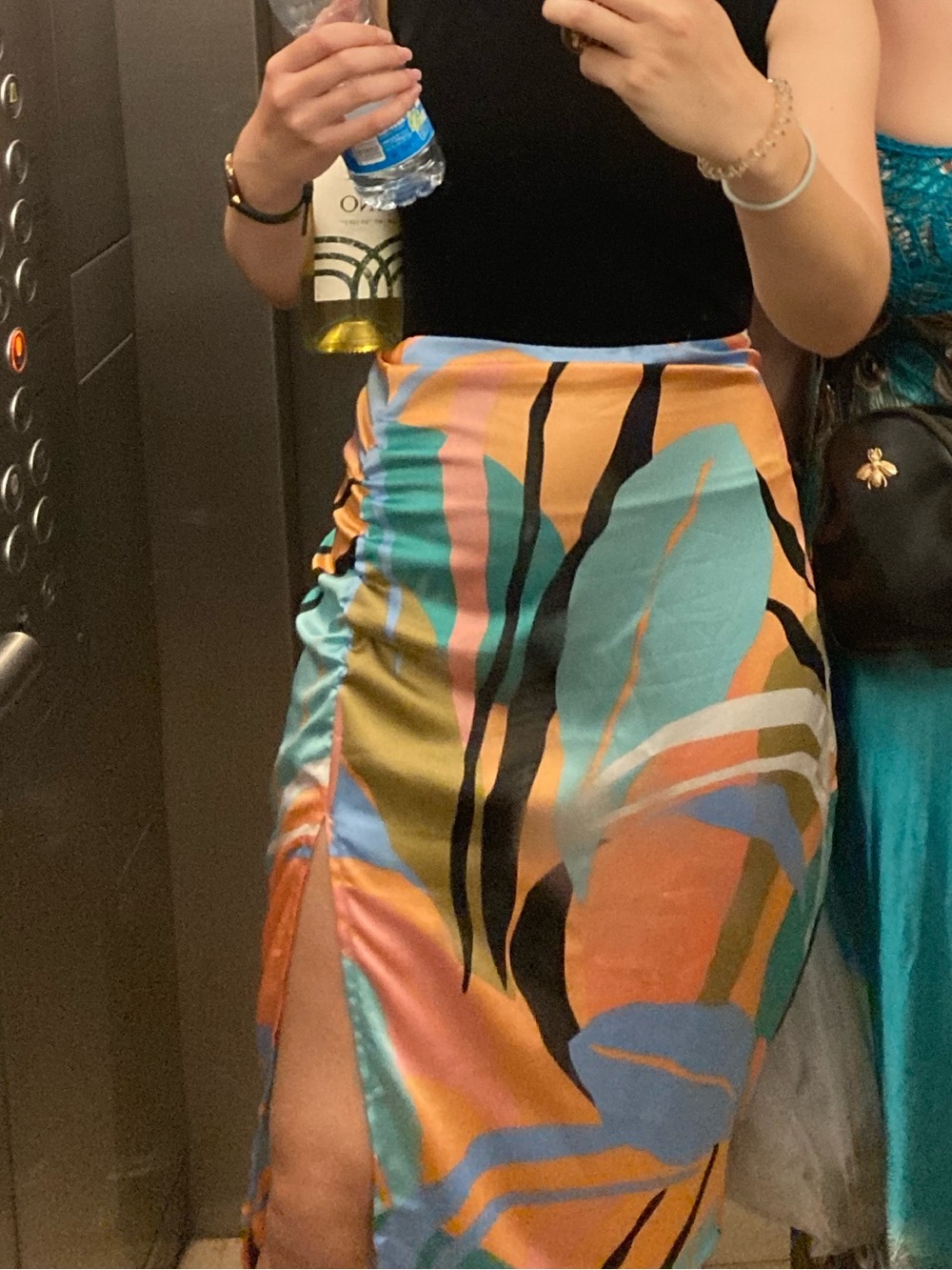 Renuar Multicolor Abstract Ruched Midi Skirt with Side Slit
